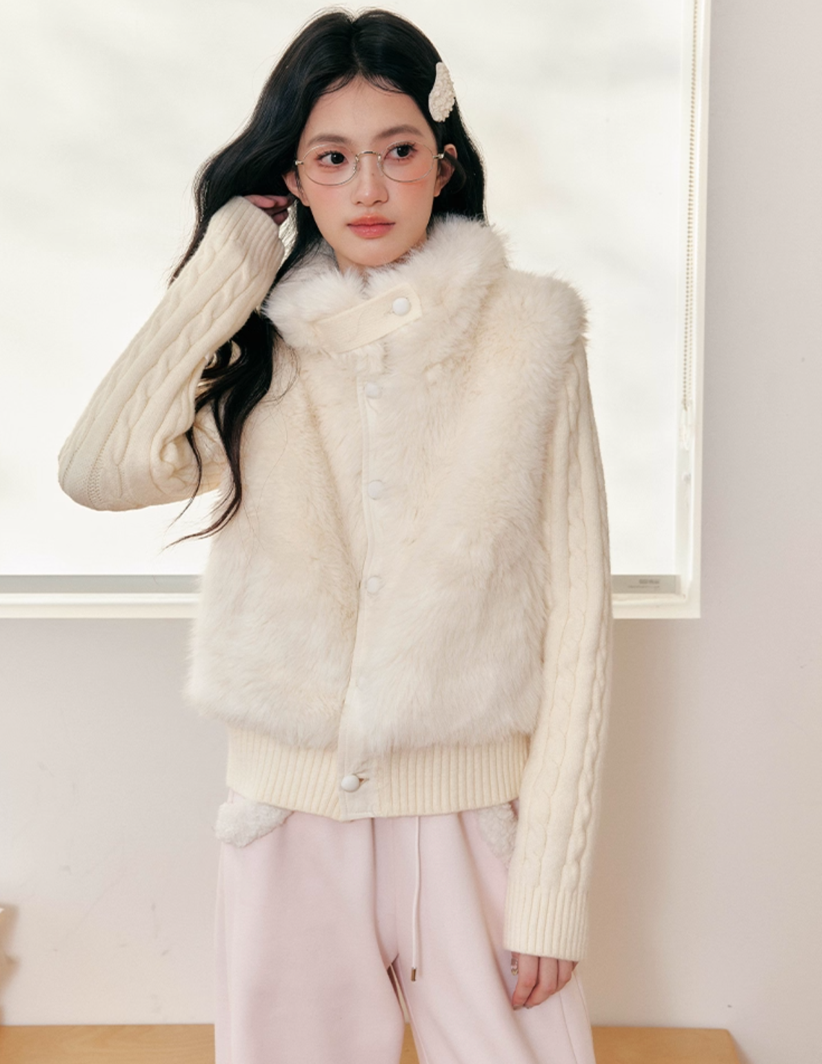 UMOUMO Korean style umoumo patchwork knitted faux mink cotton short coat slimming original design