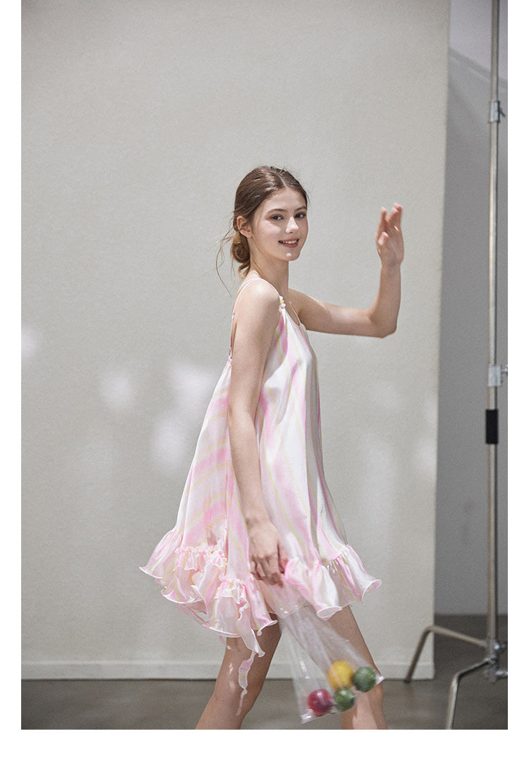 "Liuli Tangyu" Short, ruffled pinafore dress in a resort style, featuring a neon ombre Callmelater design.