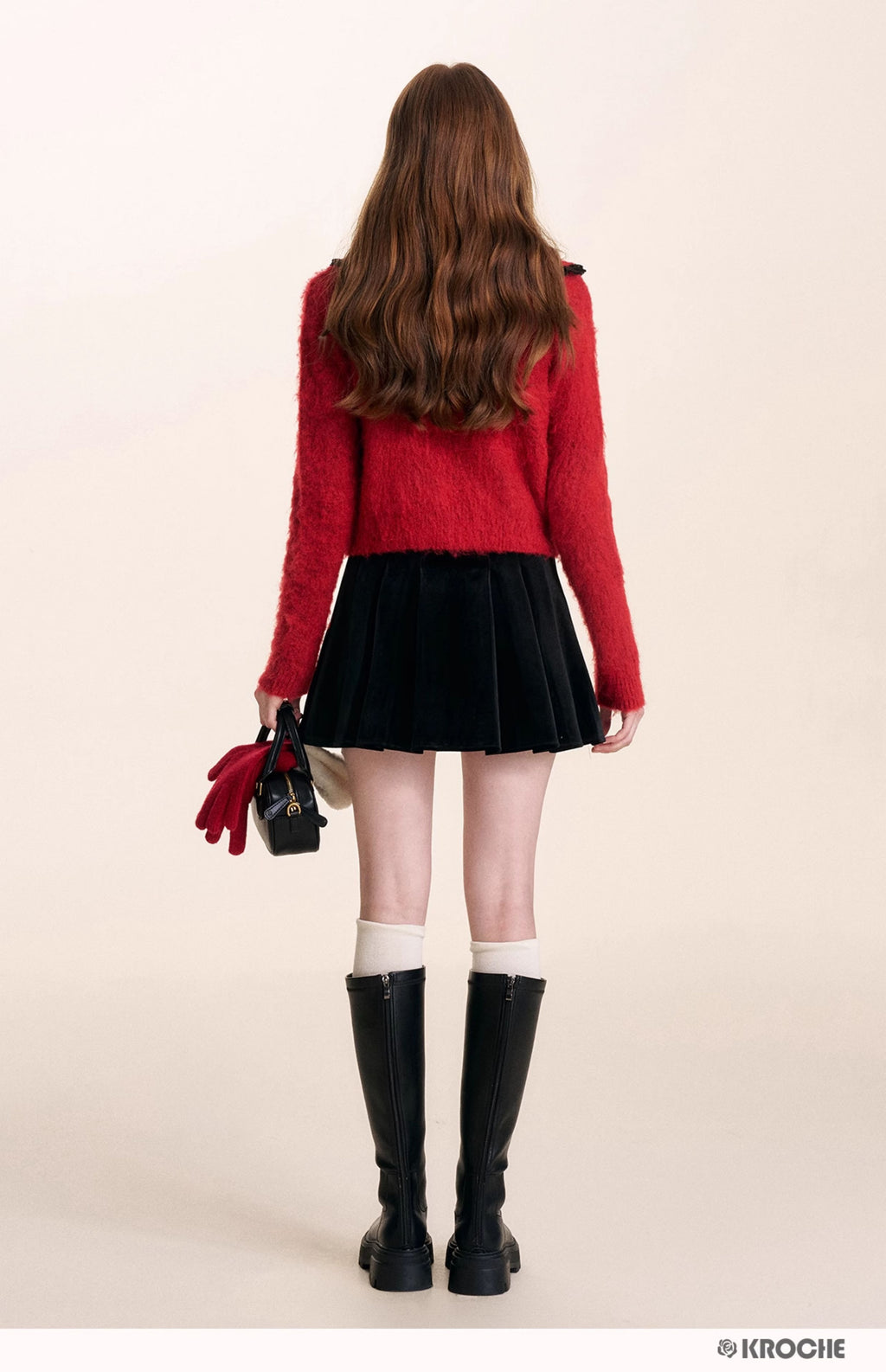 KROCHE Velvet A-line pleated midi skirt with gentle bow for night