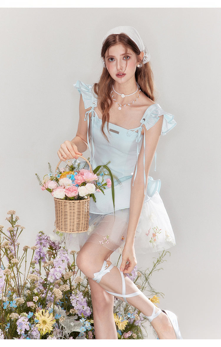 "Love & Reverie" Flowy satin ballgown with puff sleeves and a fitted waist.