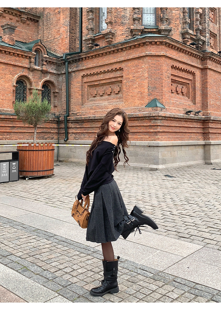 Pusumede one shoulder long sleeve sweater original color temperament female design cross shoulder t-shirt