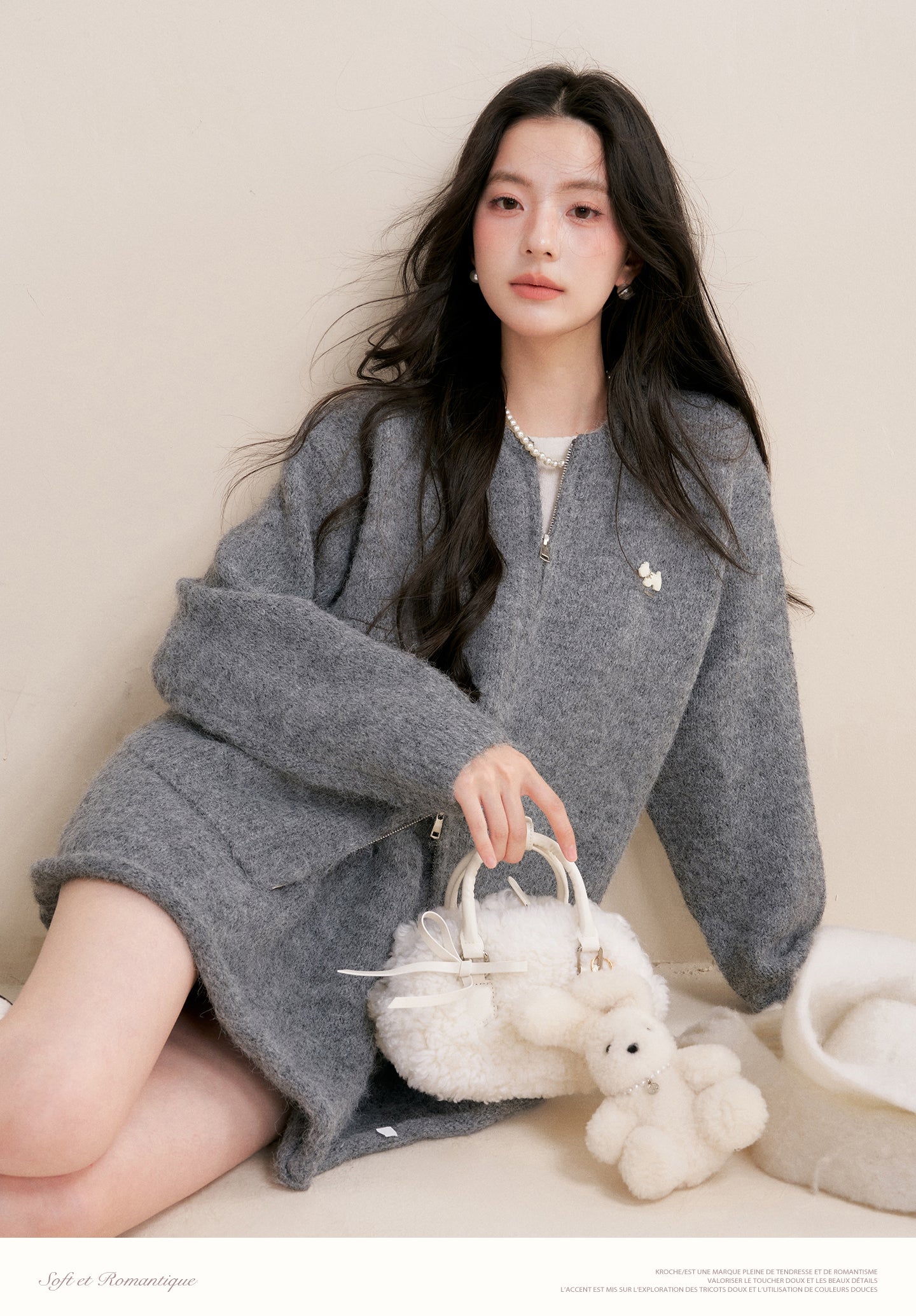 KROCHE Winter Warm A-line Cardigan Sweater Set Gray Double Zipper for Puppy 25aw