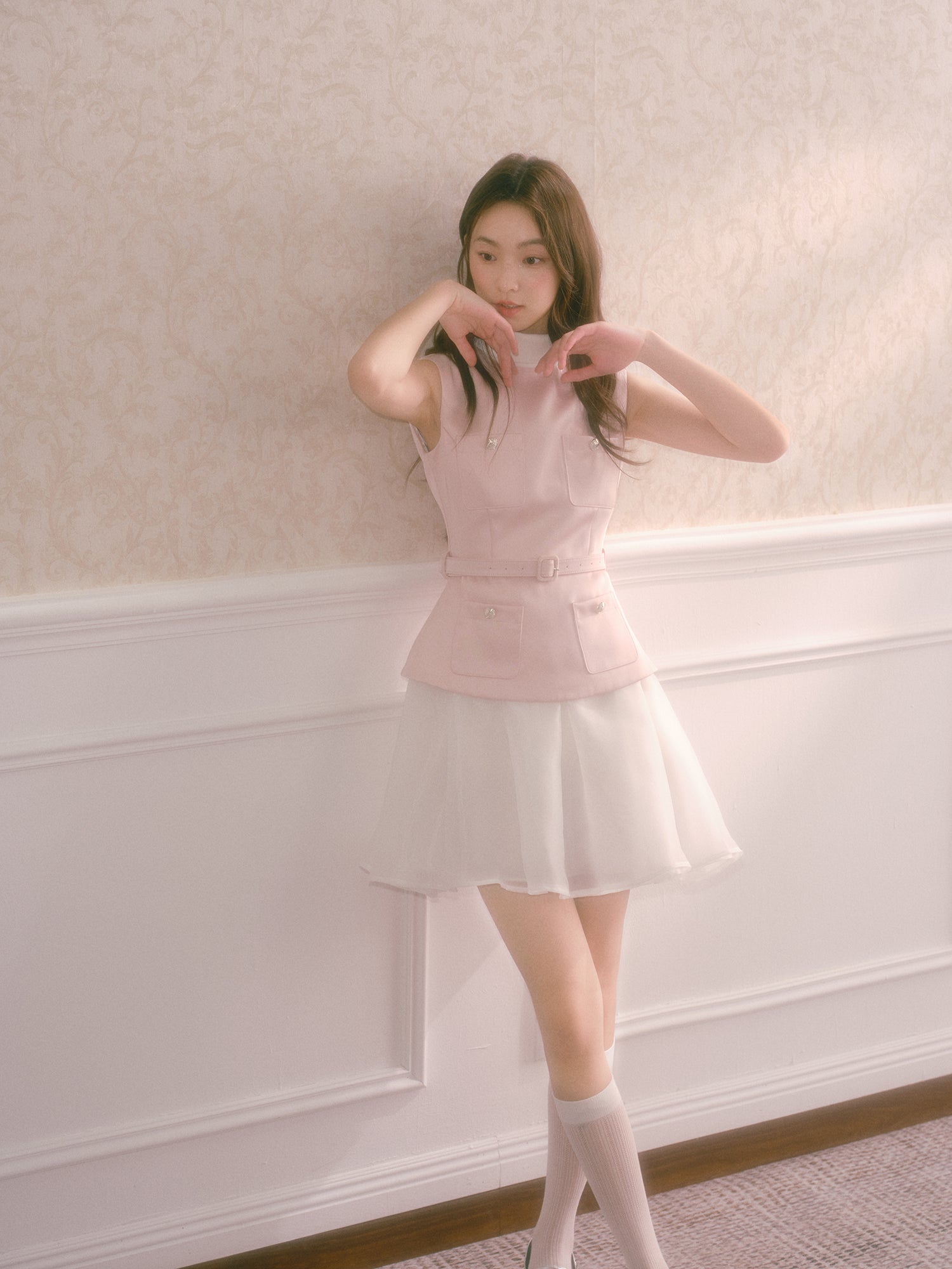 Pink satin dress with faux pearl mini turtleneck two-piece with puffy skirt and belt Recit