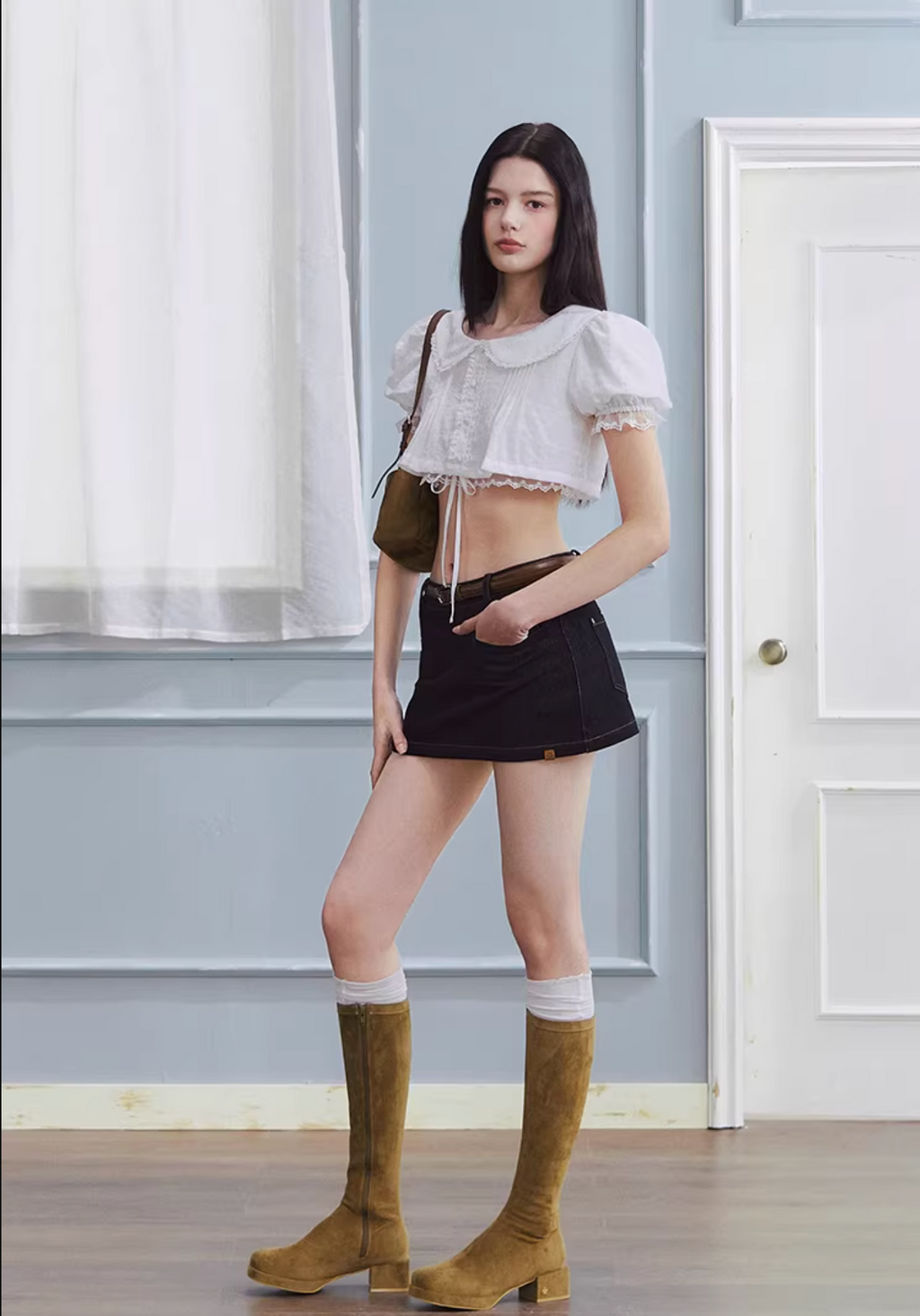 LaluneDuCiel Low-waisted, sexy, versatile, simple mini skirt, washed denim material, for women