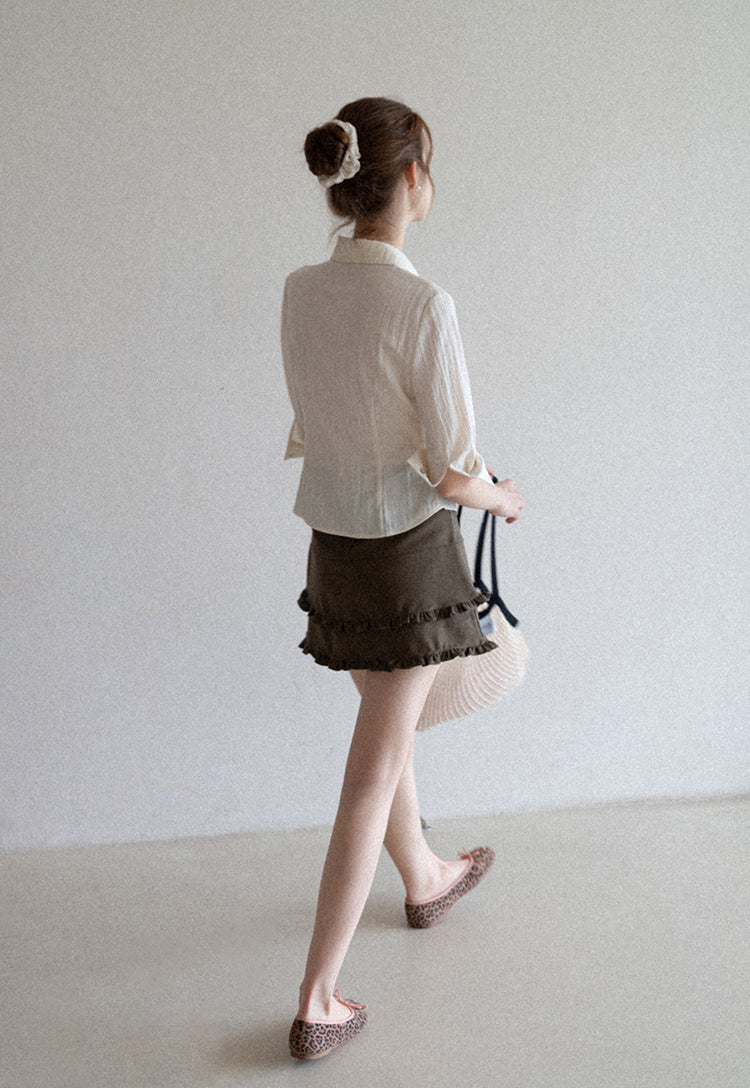 French style two-layer ruffled A-line dress for early autumn, high waist, body-hugging, anti-revealing EGGKA
