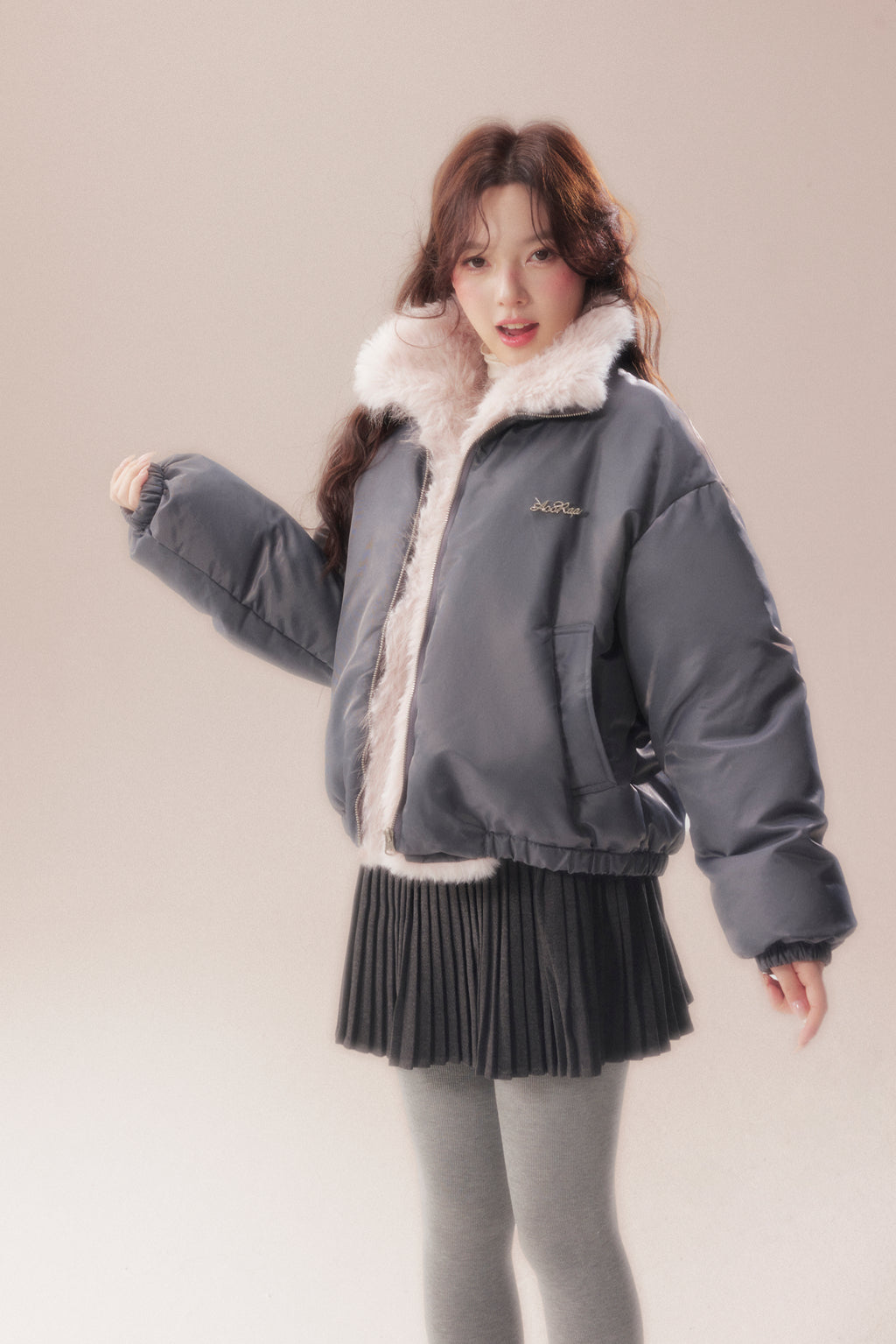 AOORAA 【Winter New Arrival】Original Design Patchwork Fleece Jacket "Cherry Blossom Snow"