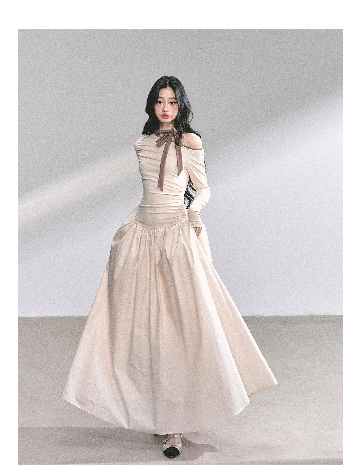 Classic retro off-the-shoulder long-sleeved dress, fit and cool for royal ladies, autumn with slim waist Shaoyeyan