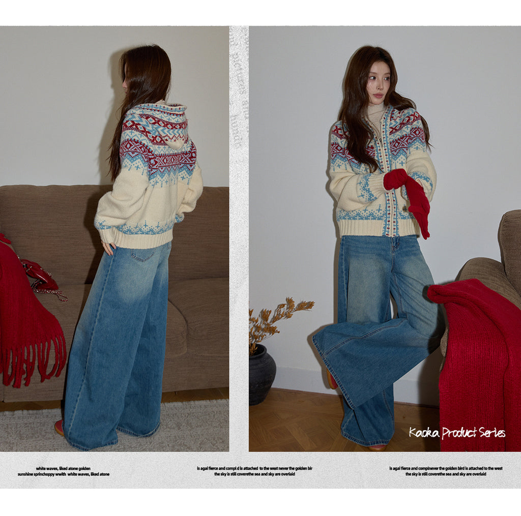 KAOKA Chaochao Fair Isle Beige Christmas Hooded Sweater Women's Long Sleeve Thick Sweater