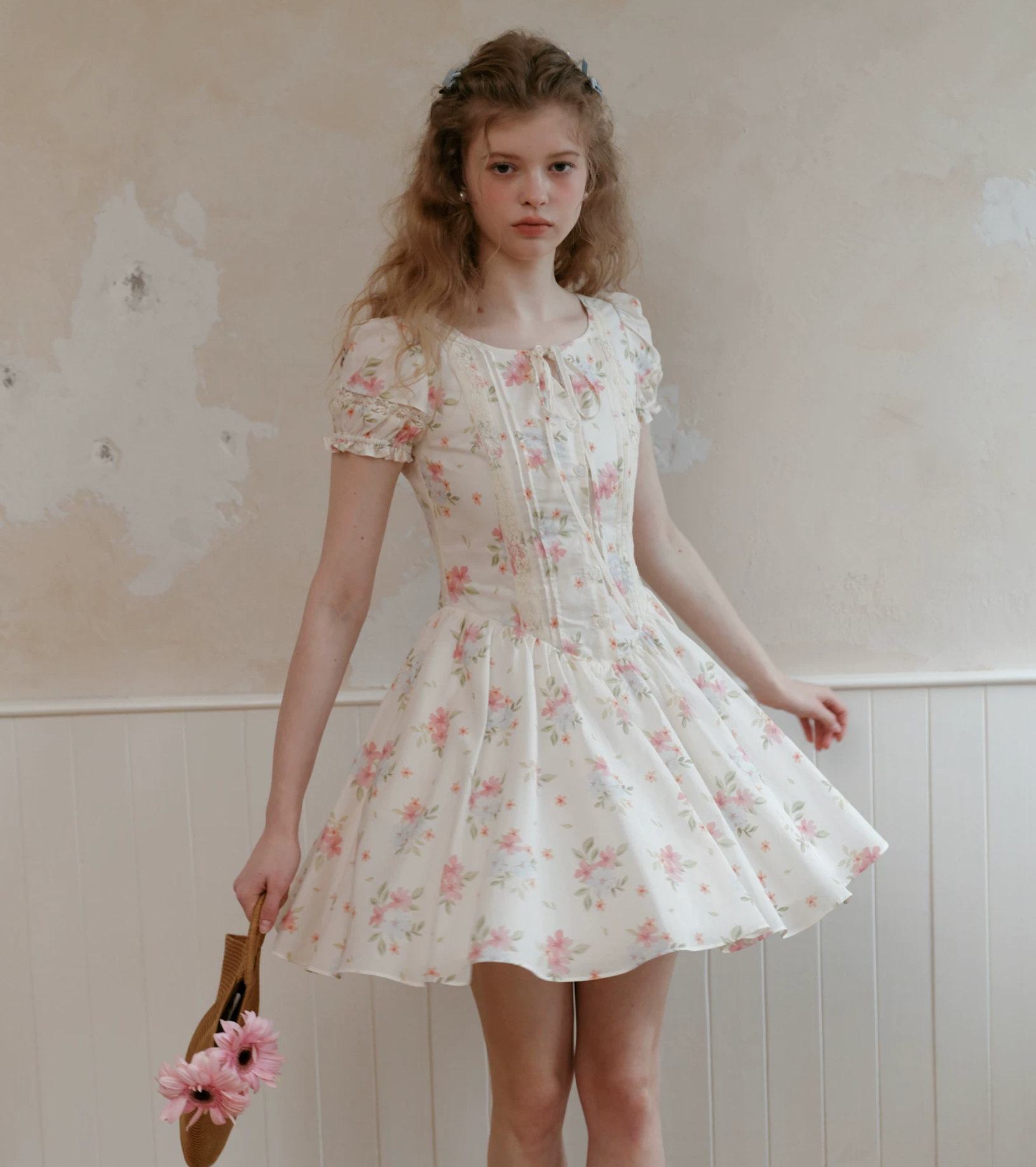 ISISLOVE Very cute 2026 short-sleeved floral dress with waist tie for women, new summer style, French country style.