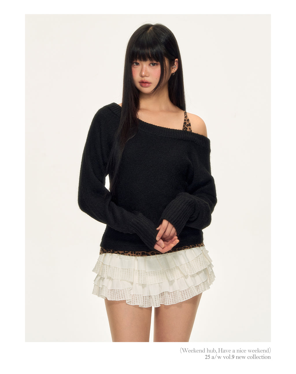 WEEKENDHUB レディース ワンショルダー ストラップレス 長袖 レオパード柄 ツーピース ニットセーター 柔らかく暖かい 秋