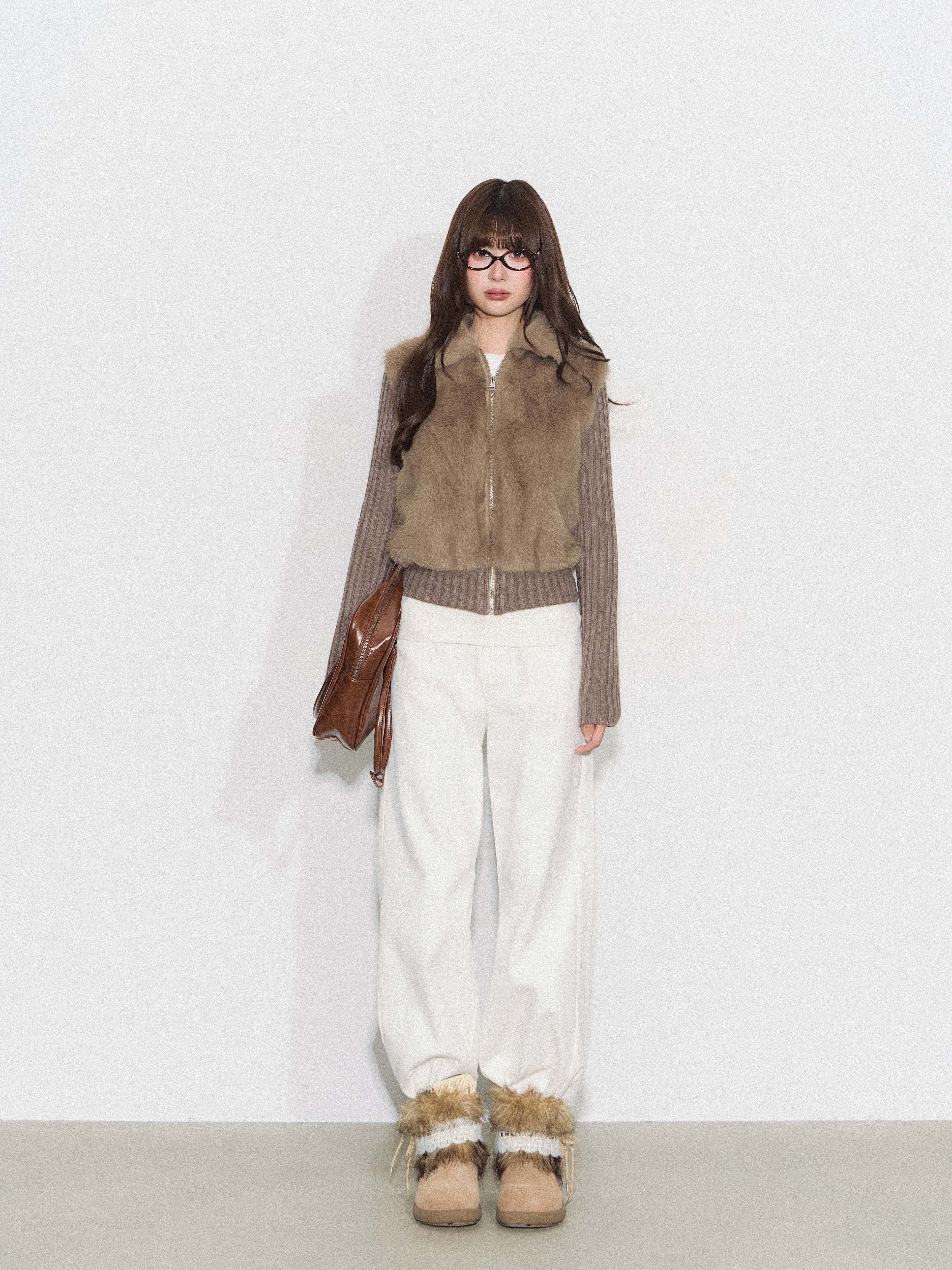 CYNI 【Caramel Afternoon】Millard Retro Plush Patchwork Short Two-Piece Faux Fur Coat for Women