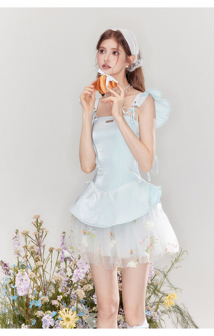 "Love & Reverie" Flowy satin ballgown with puff sleeves and a fitted waist.