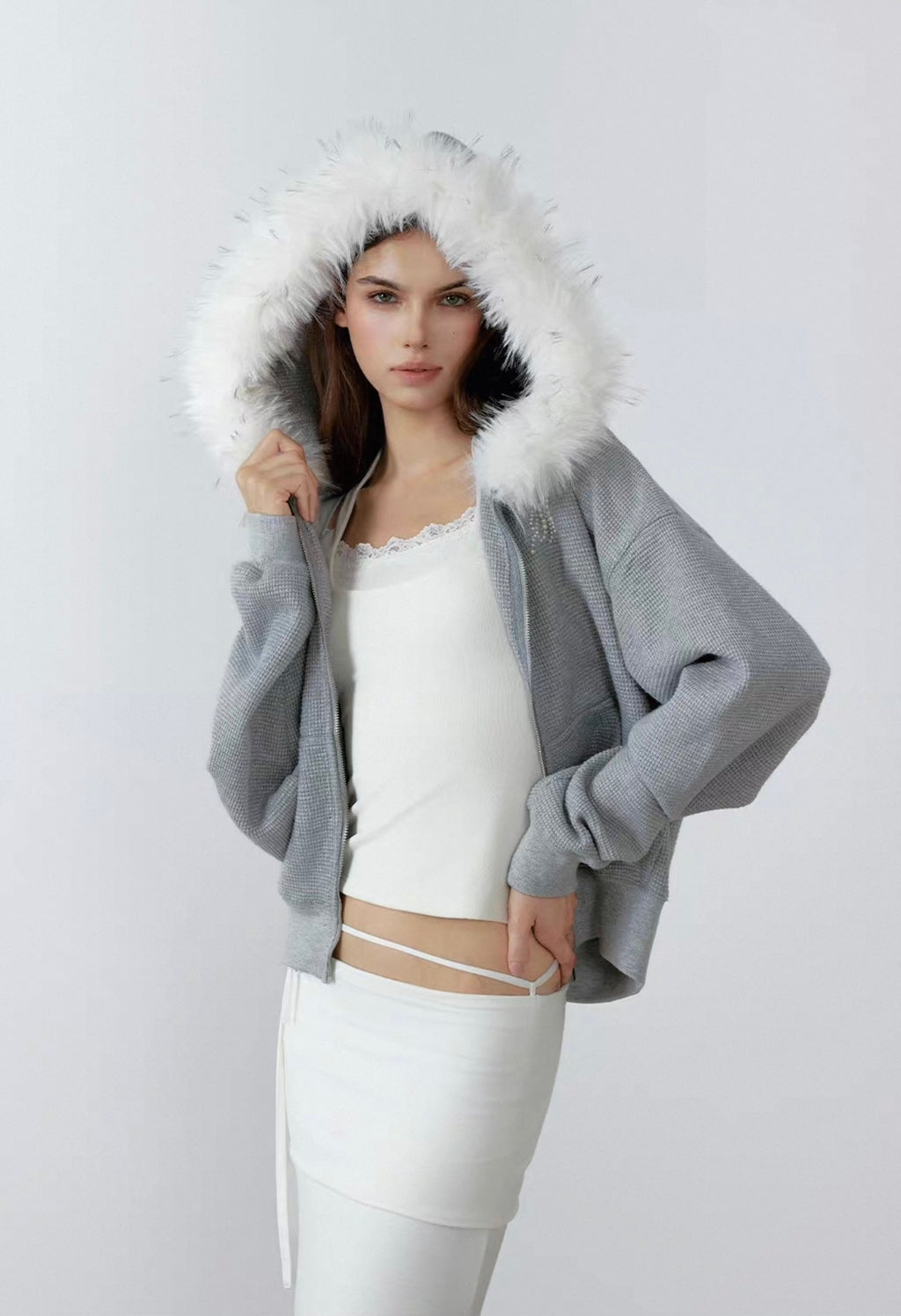 Grey fleece jacket with hood and fur collar