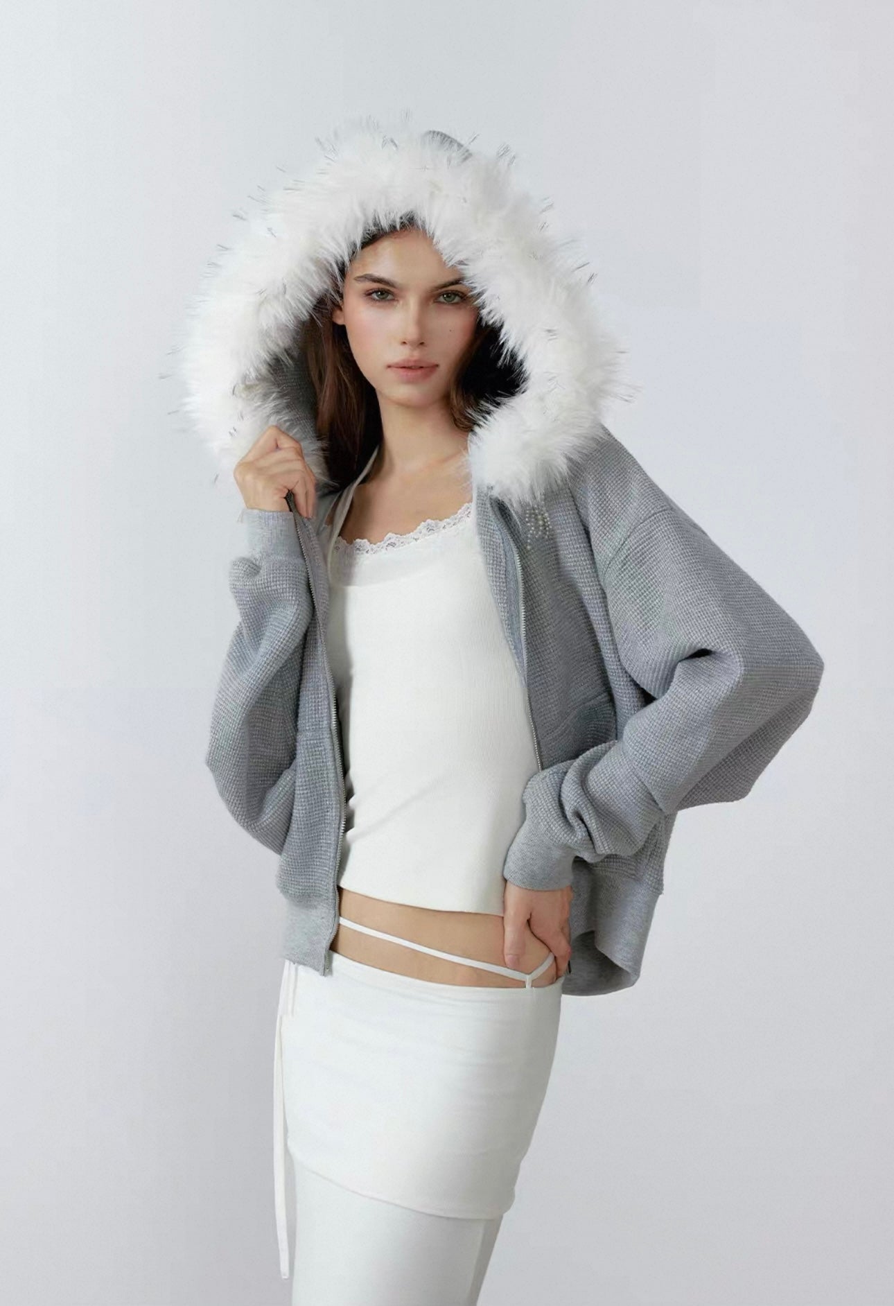 Grey fleece jacket with hood and fur collar