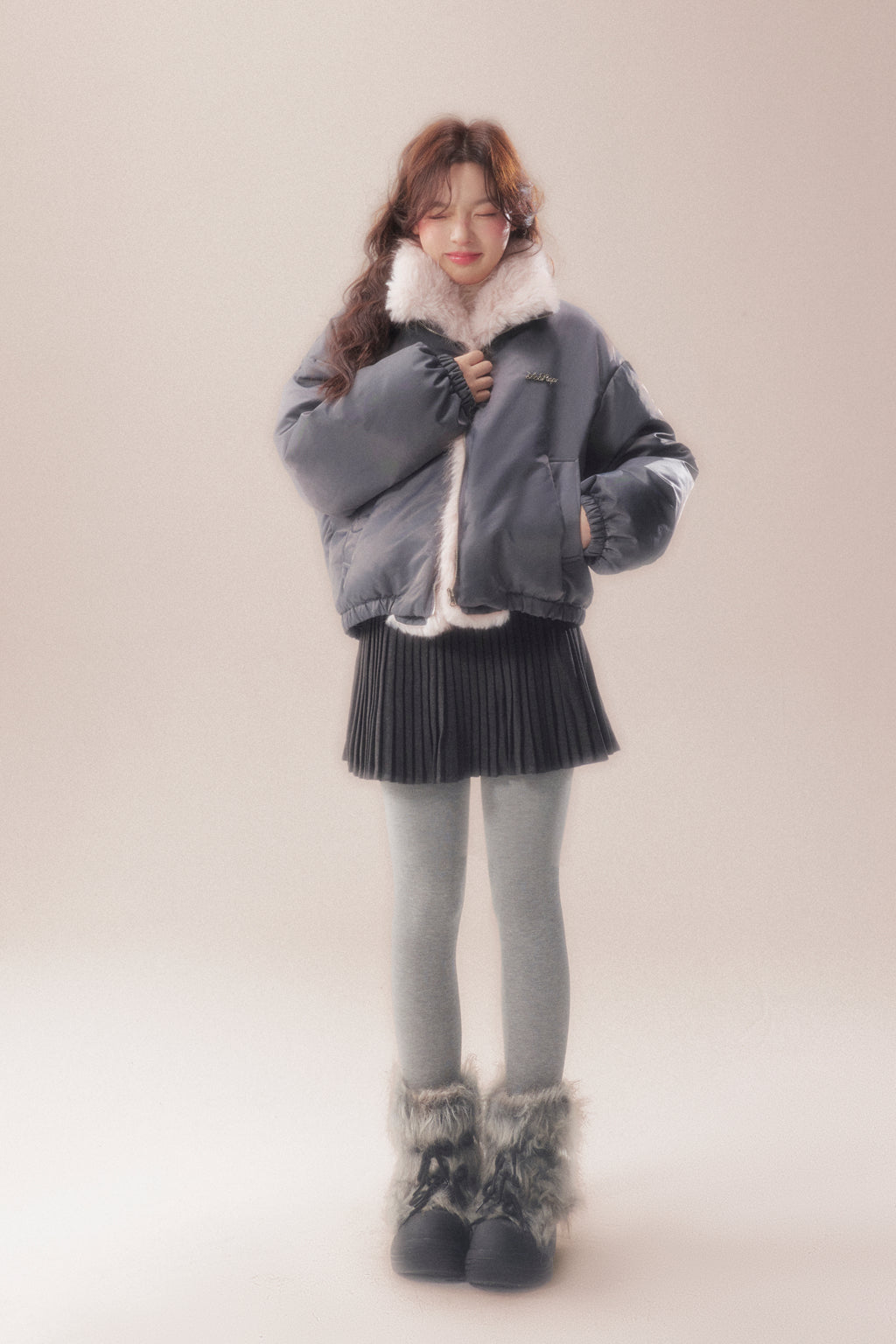 AOORAA 【Winter New Arrival】Original Design Patchwork Fleece Jacket "Cherry Blossom Snow"