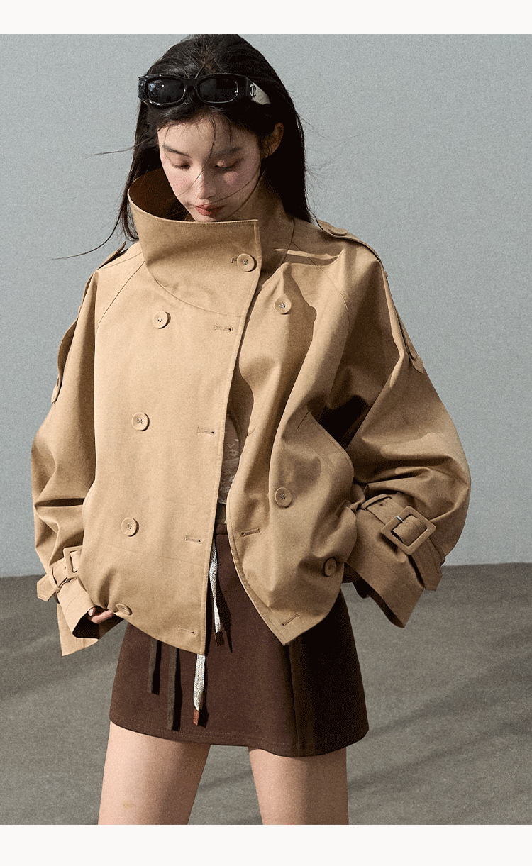 Oakmoo "Through the Oak Woods" Short Double-Breasted Lyocell Cotton Stand Collar Trench Coat