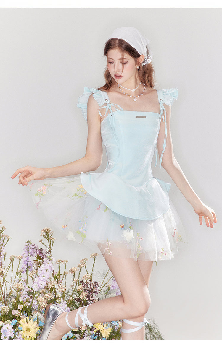 "Love & Reverie" Flowy satin ballgown with puff sleeves and a fitted waist.