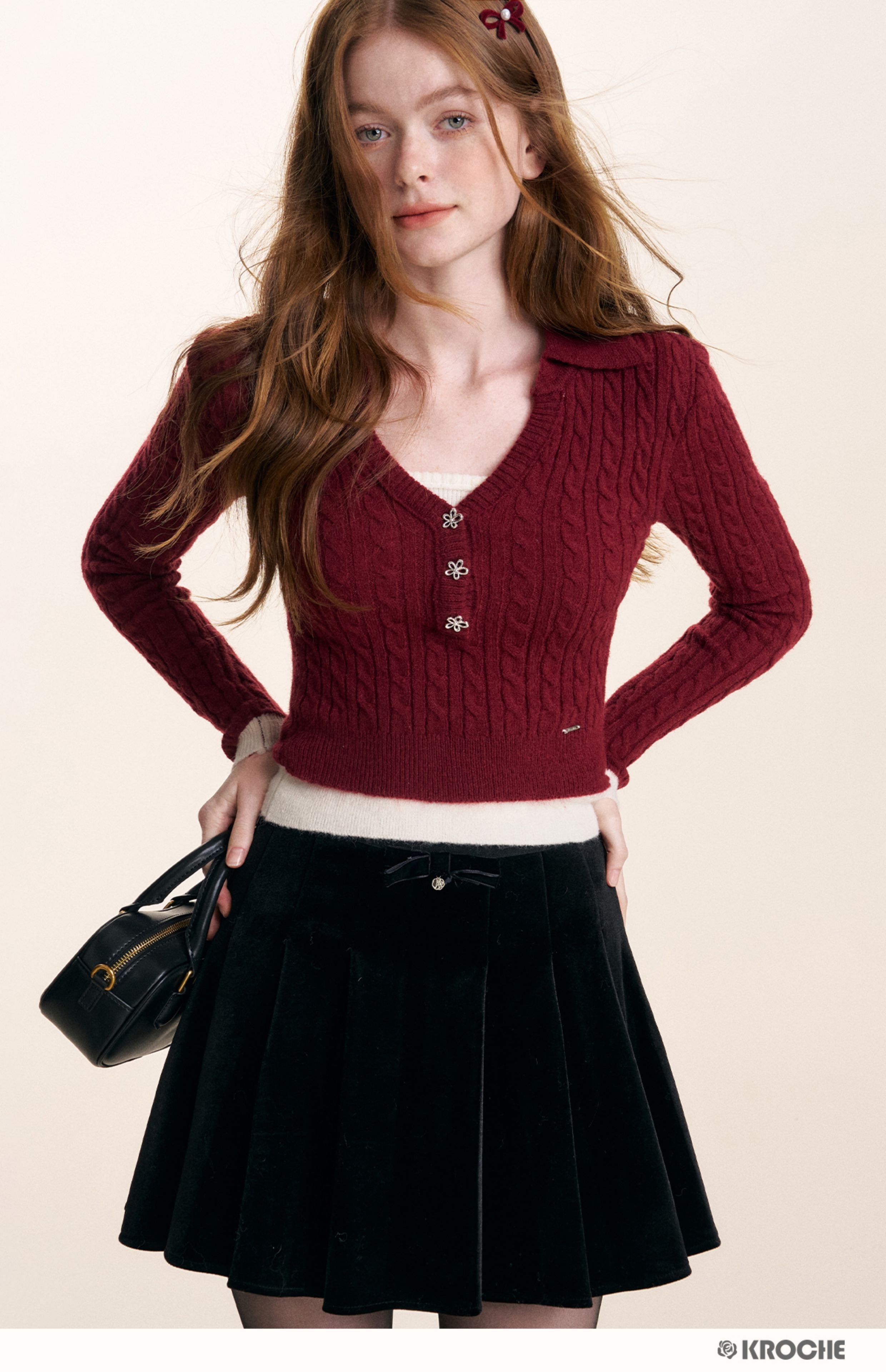 KROCHE Velvet A-line pleated midi skirt with gentle bow for night