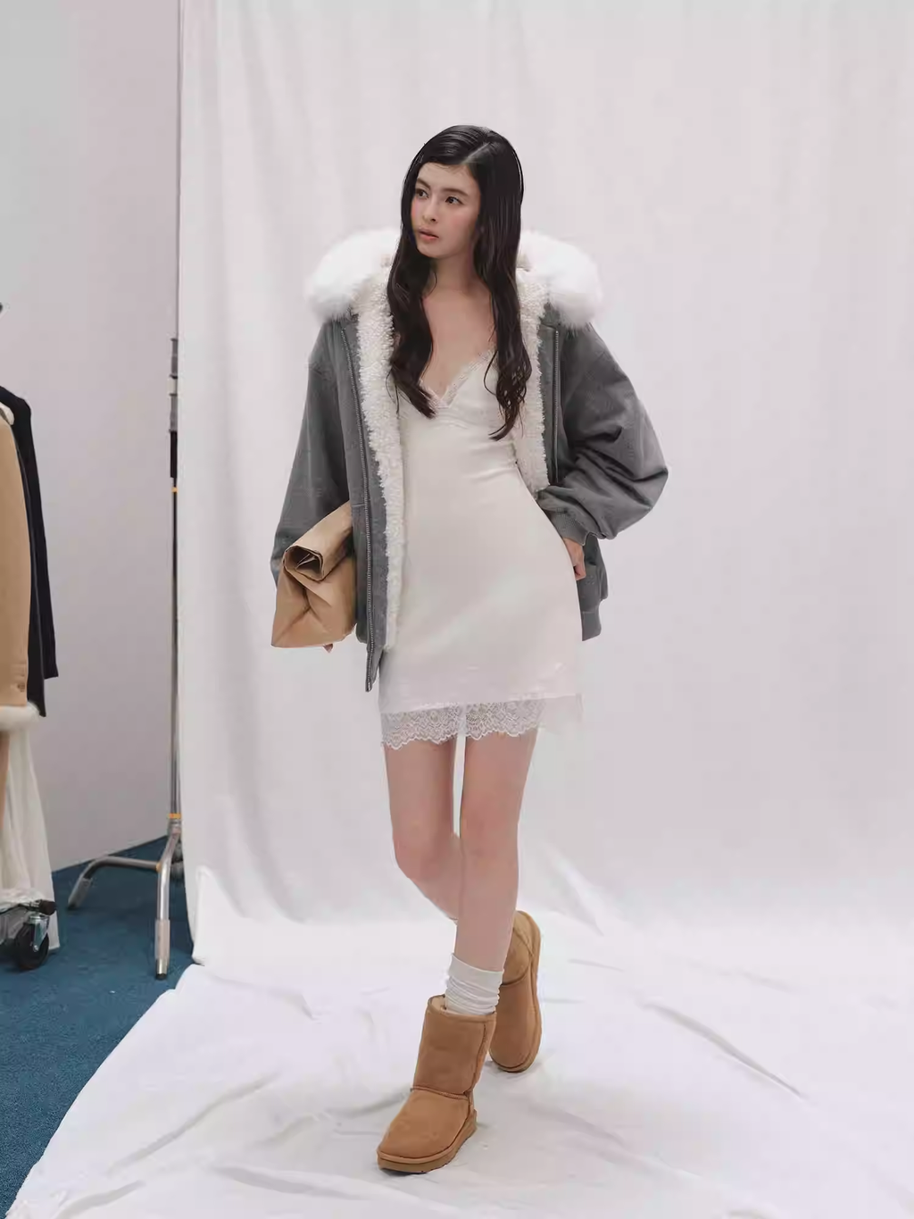 LaluneDuCiel Sexy French V-neck slip dress for women, lace trim, perfect for layering in winter, short, tight fit.