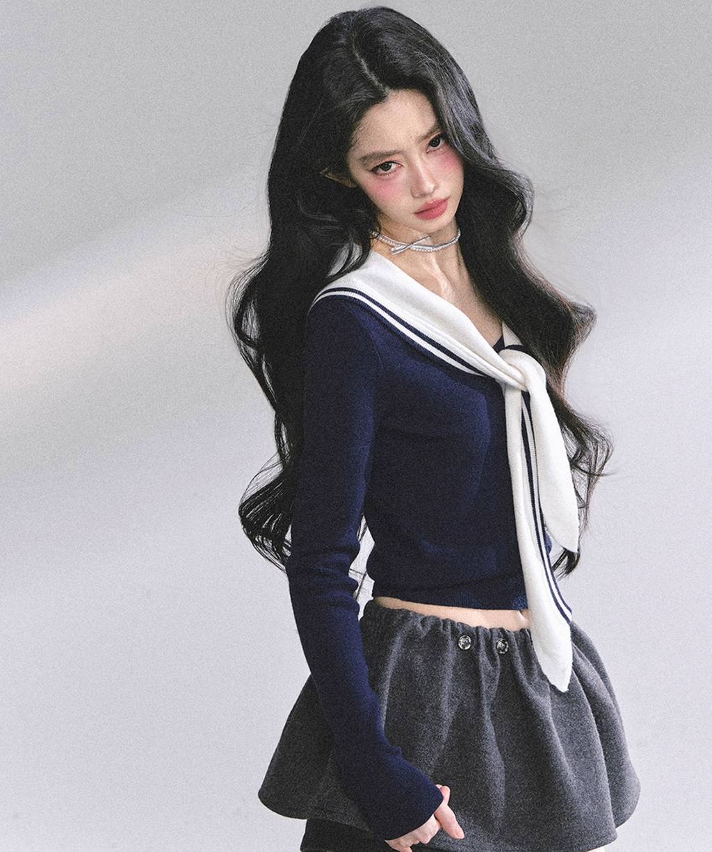 AOMALM Women's American Style "Girl Navigator" Navy Blue Long Sleeve Round Neck T-Shirt for Women Fall Pink