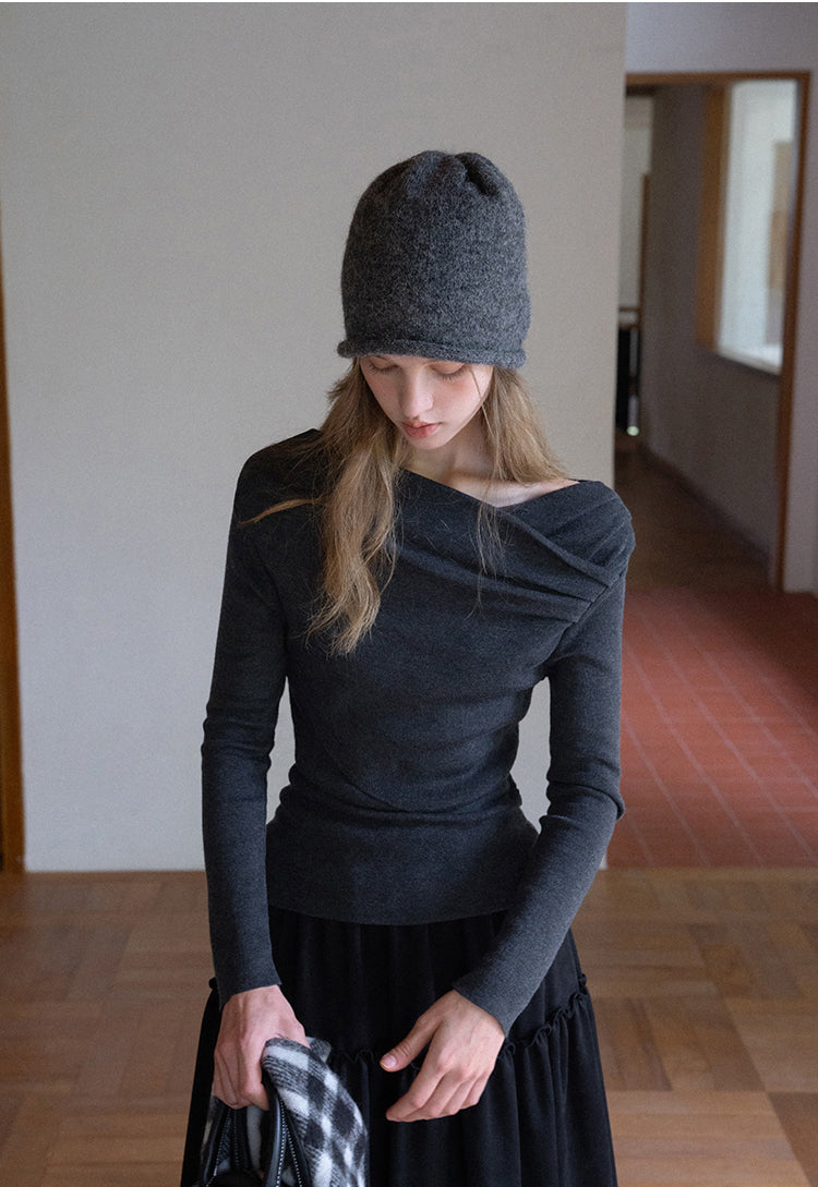 EGGKA Women's Autumn Winter Off-the-shoulder French Cross Neck Long Sleeve One Shoulder Sweater
