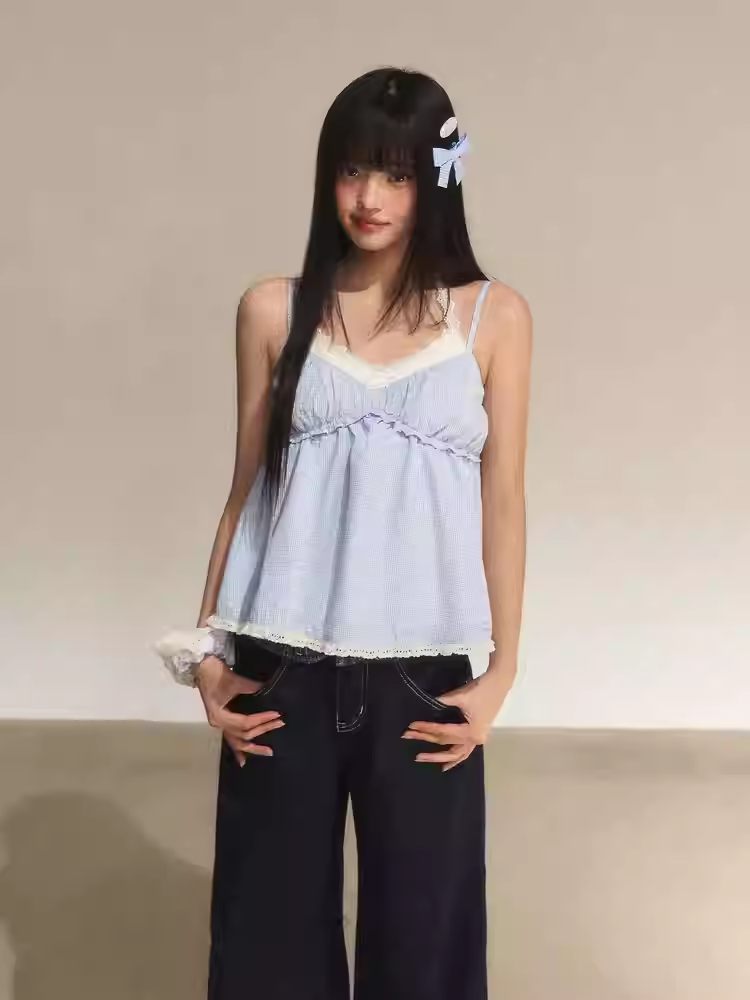 WEEKENDHUB Two-piece suit includes a color-matched tank top with lace trim, new style with halter neck and open back for women.