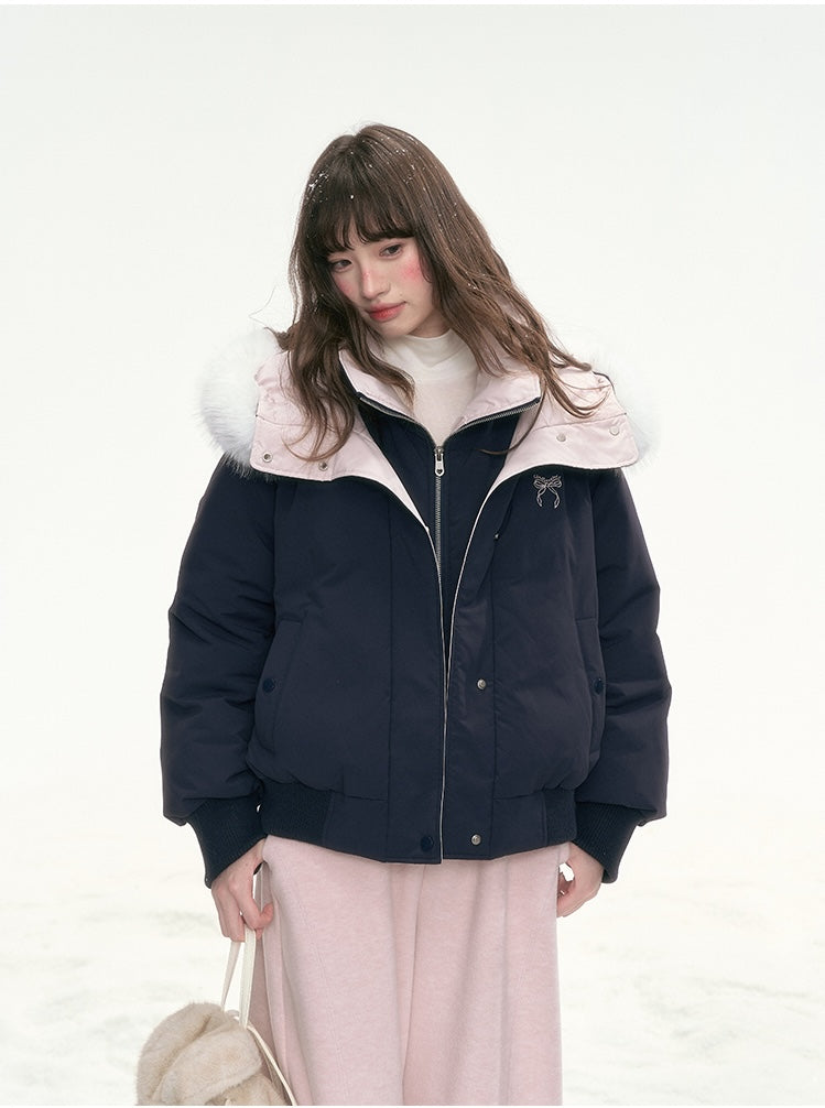 CANSTOREGIRLS Boxed goods store 'Snowy Sweet Berry' new national standard color block color two-piece faux down jacket 90% white duck feather