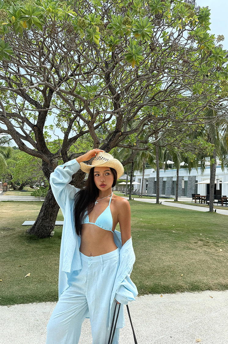 A loose and cool linen shirt and wide-leg pants set for women, perfect for a summer resort style in 2025. BEARUN SWIM