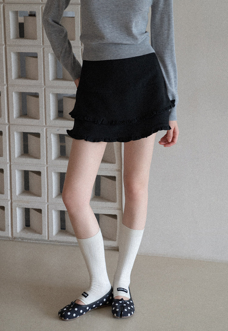 French style two-layer ruffled A-line dress for early autumn, high waist, body-hugging, anti-revealing EGGKA