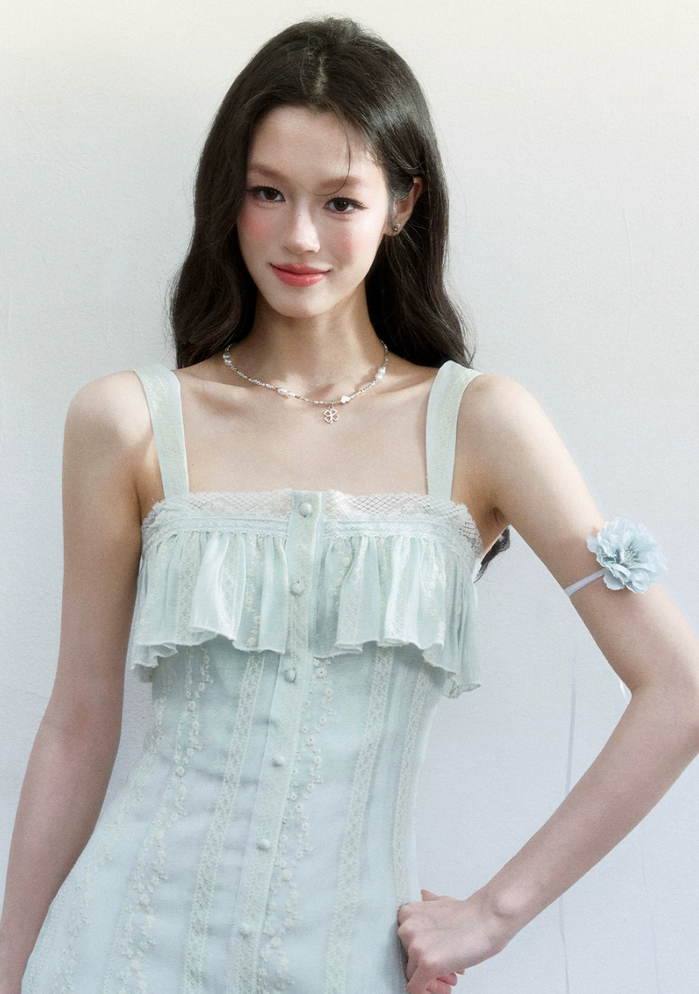 Fragile Heart Korean-style embroidered hollow out dress in white tea color for spring