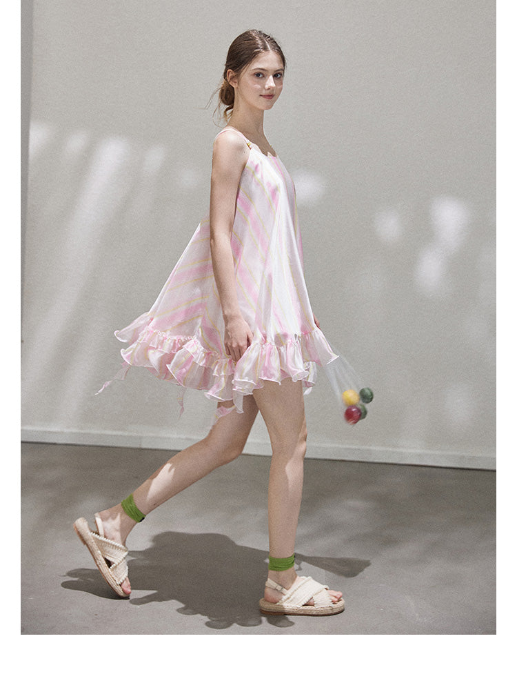 "Liuli Tangyu" Short, ruffled pinafore dress in a resort style, featuring a neon ombre Callmelater design.