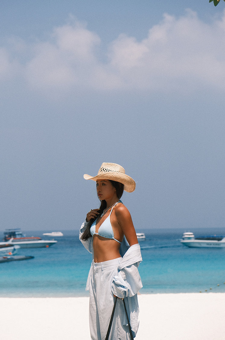 A loose and cool linen shirt and wide-leg pants set for women, perfect for a summer resort style in 2025. BEARUN SWIM