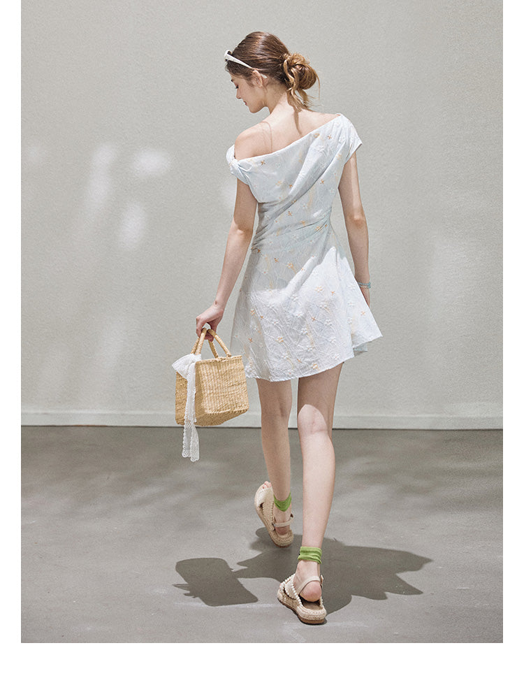 "Star Mist Hazy" Off-shoulder pleated floral print mini dress for women, summer Callmelater