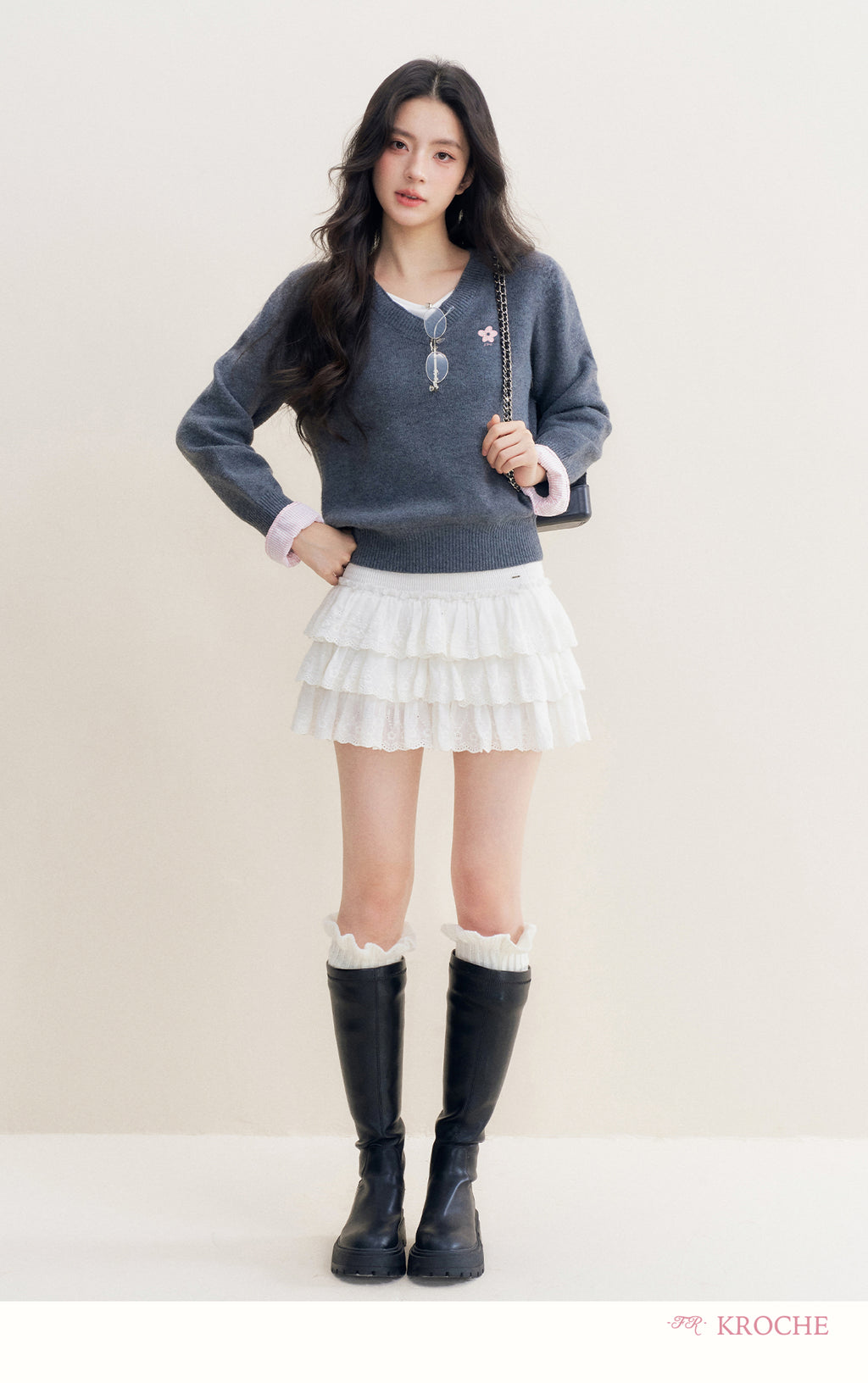 kroche 25AW two piece grey wool blend patchwork v neck sweater with bow