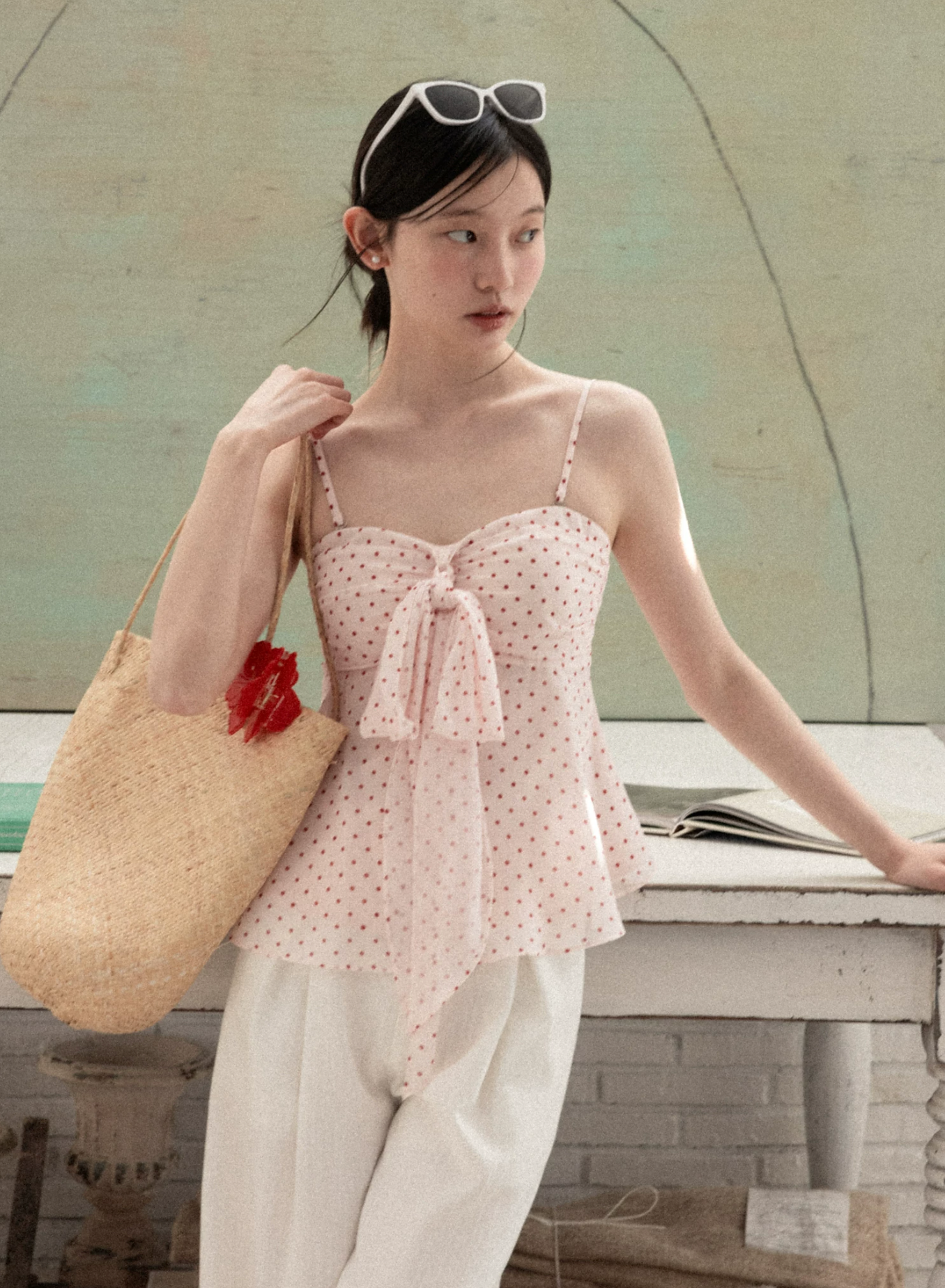 CANTON STORY Yangcheng Story women's pink, polka dot, and bow French sleeveless tank top