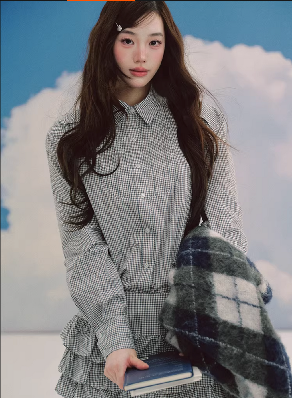 LaluneDuCiel Trendy retro style thick checkered shirt and puffy skirt set for schoolgirls