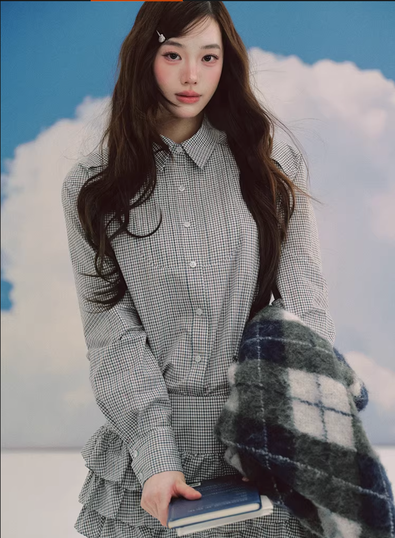 LaluneDuCiel Trendy retro style thick checkered shirt and puffy skirt set for schoolgirls