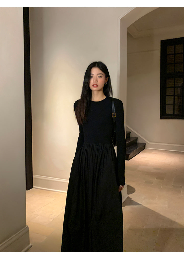 High-end long-sleeved dress for women with slim waist and Hepburn style Pusumede long dress