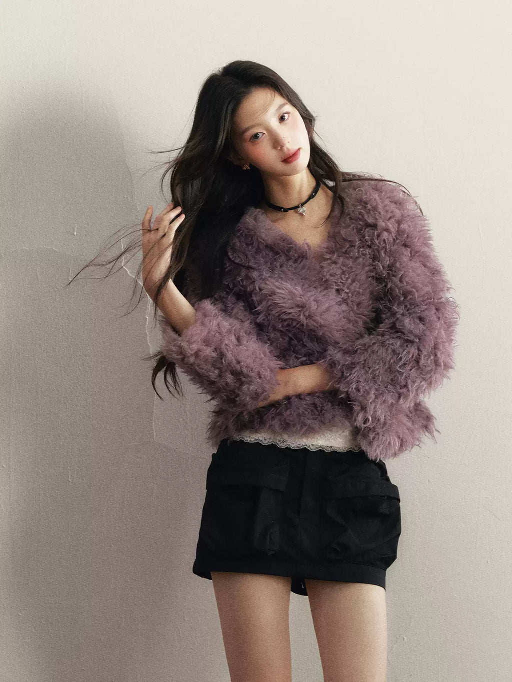 1PSTUDIO Women's Purple V-neck Faux Fur Coat, Warm Eco-Friendly Winter Short Fur Coat