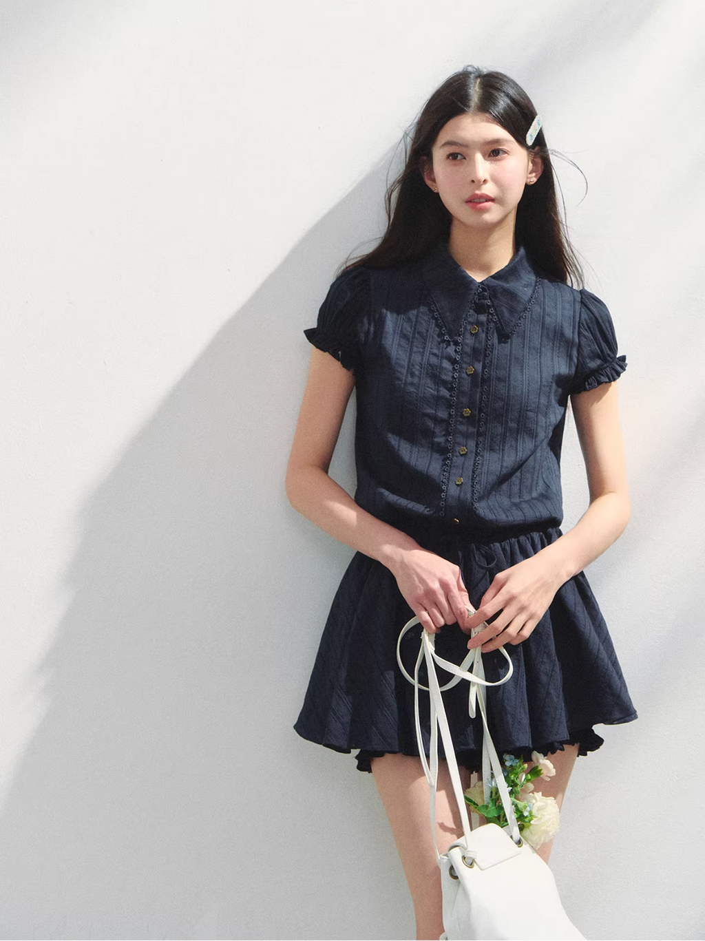 SUNSETPARK Student-style navy blue short-sleeved shirt dress