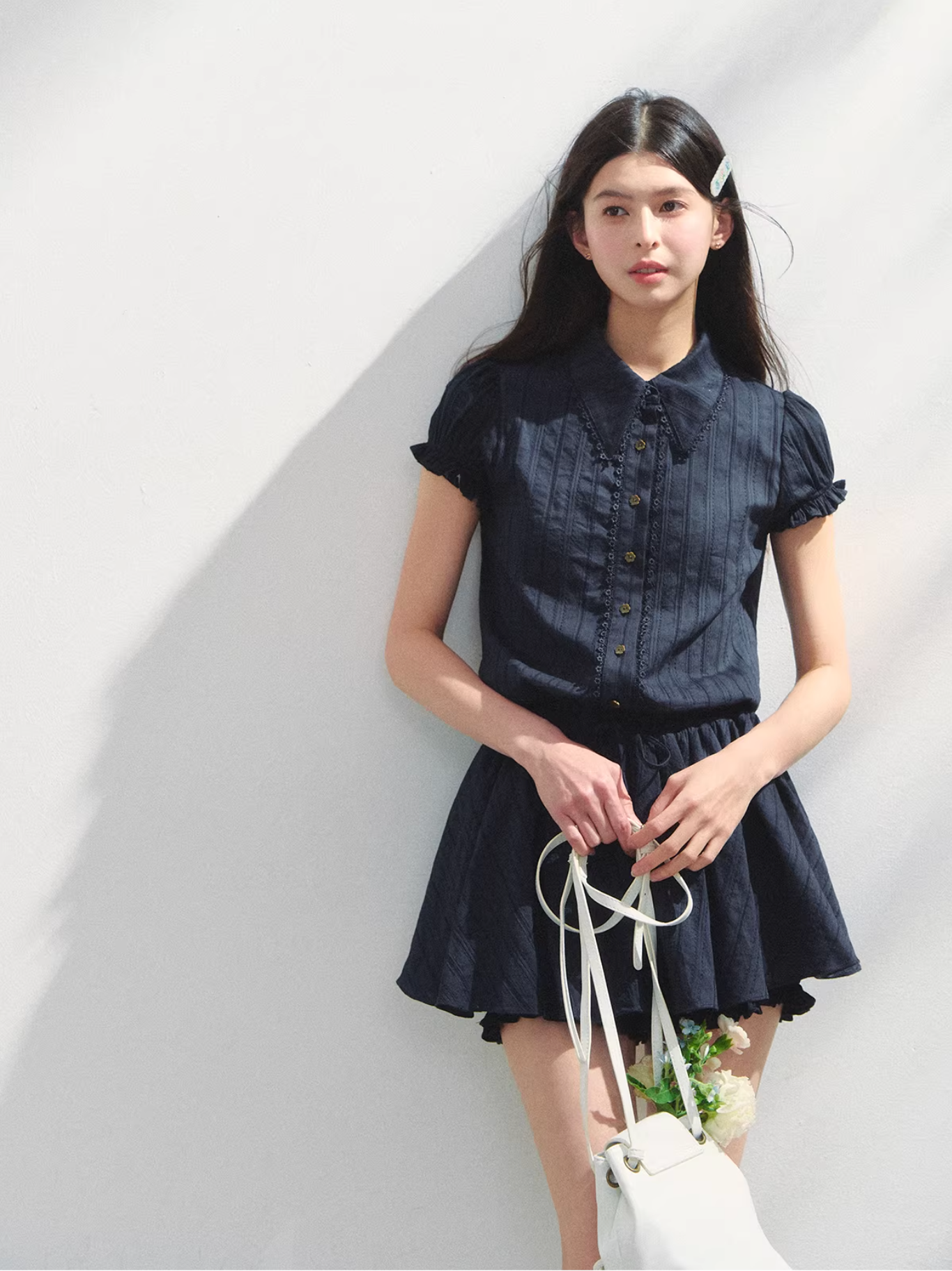 SUNSETPARK Student-style navy blue short-sleeved shirt dress
