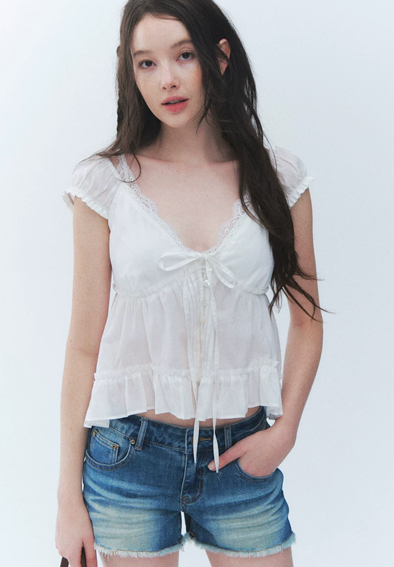 LaluneDuCiel Summer sweet French lace V-neck short-sleeved shirt for women