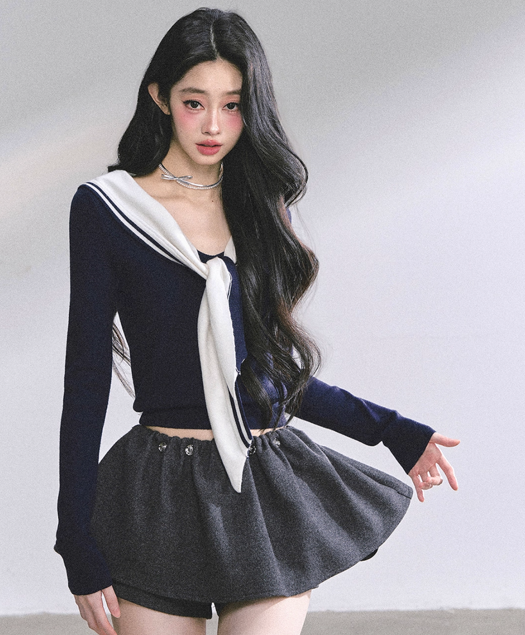 AOMALM Women's American Style "Girl Navigator" Navy Blue Long Sleeve Round Neck T-Shirt for Women Fall Pink