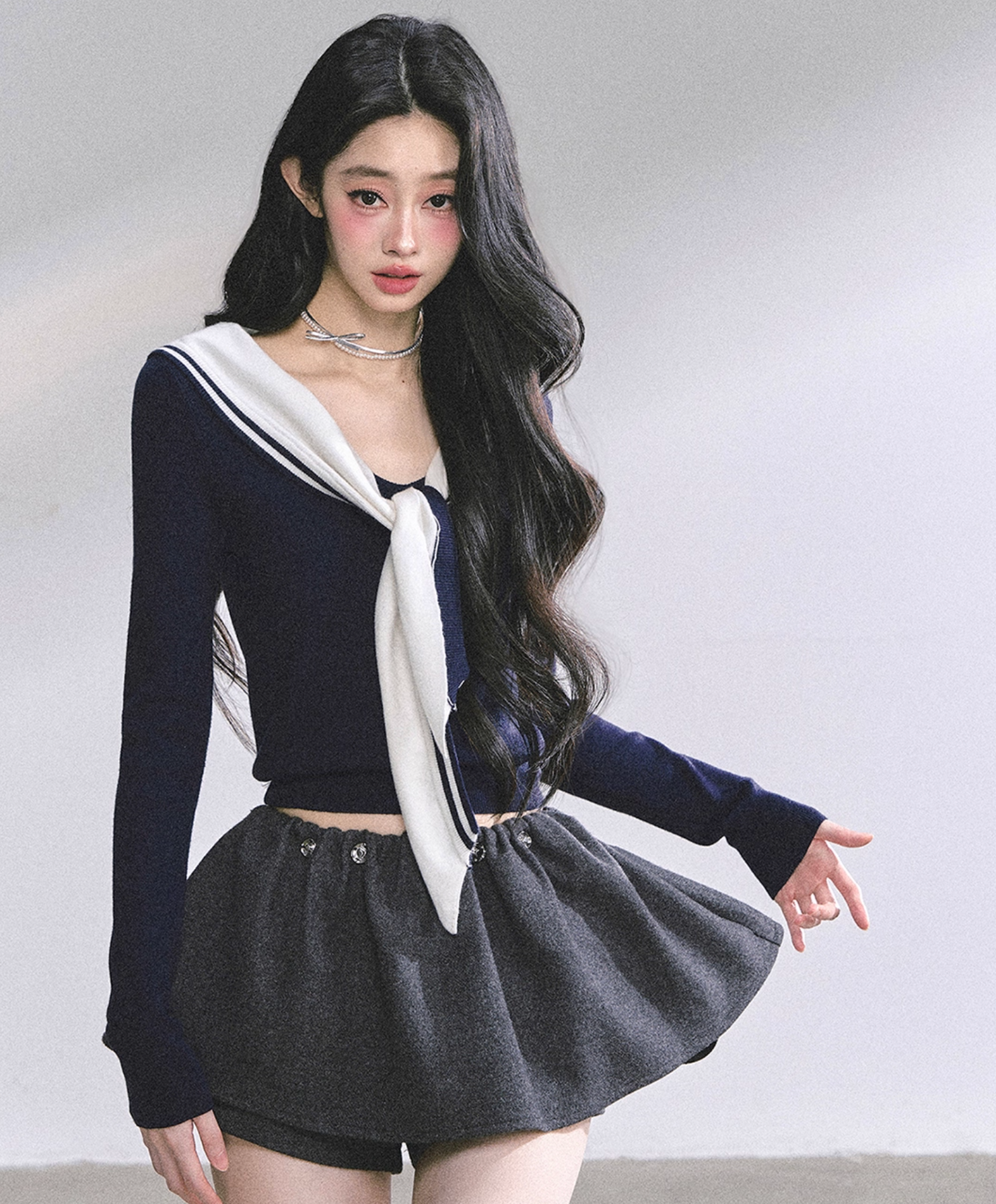 AOMALM Women's American Style "Girl Navigator" Navy Blue Long Sleeve Round Neck T-Shirt for Women Fall Pink