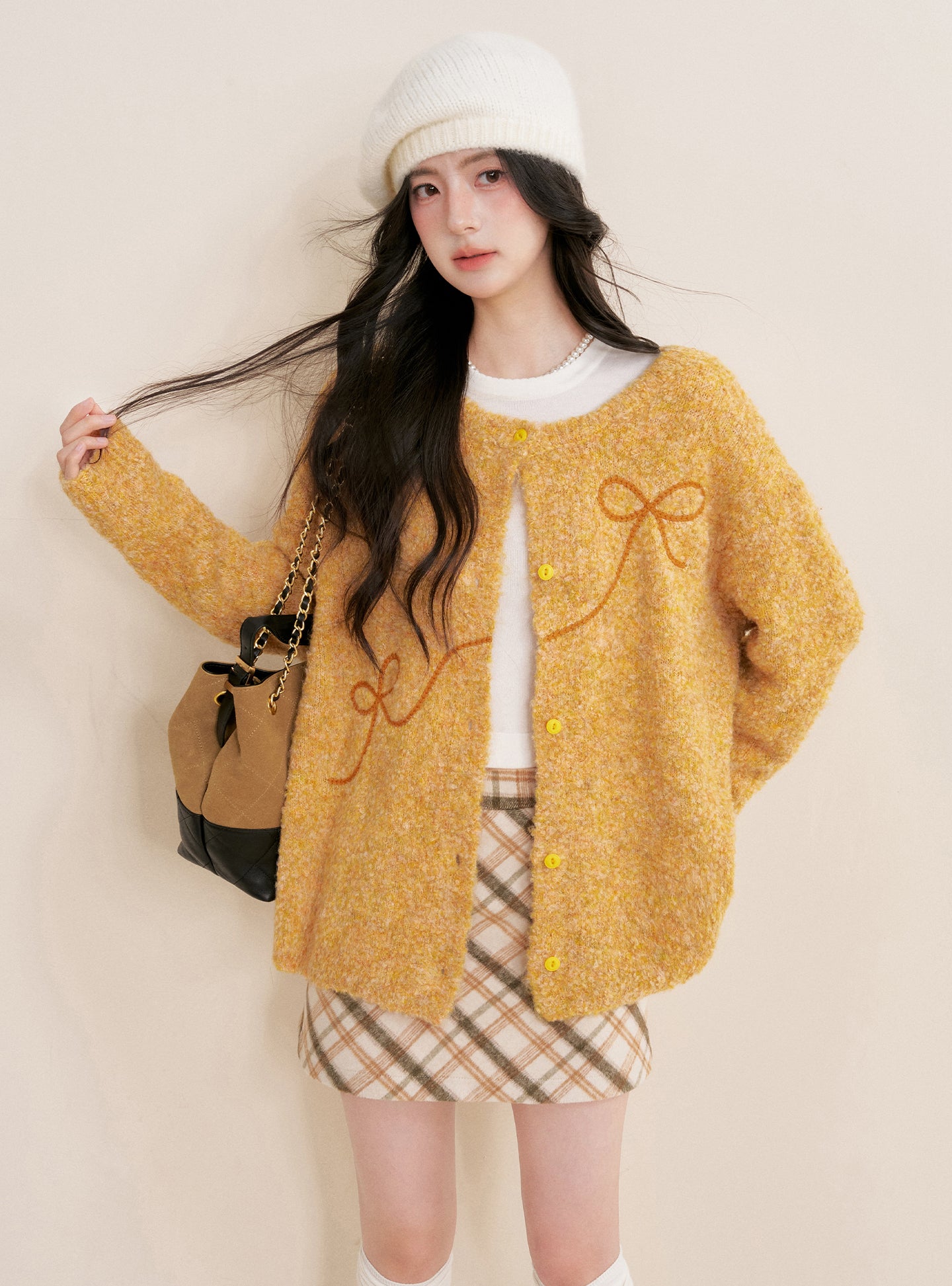 KROCHE Sunset Fluffy 25aw Thick Floral Bow Embroidered Cardigan