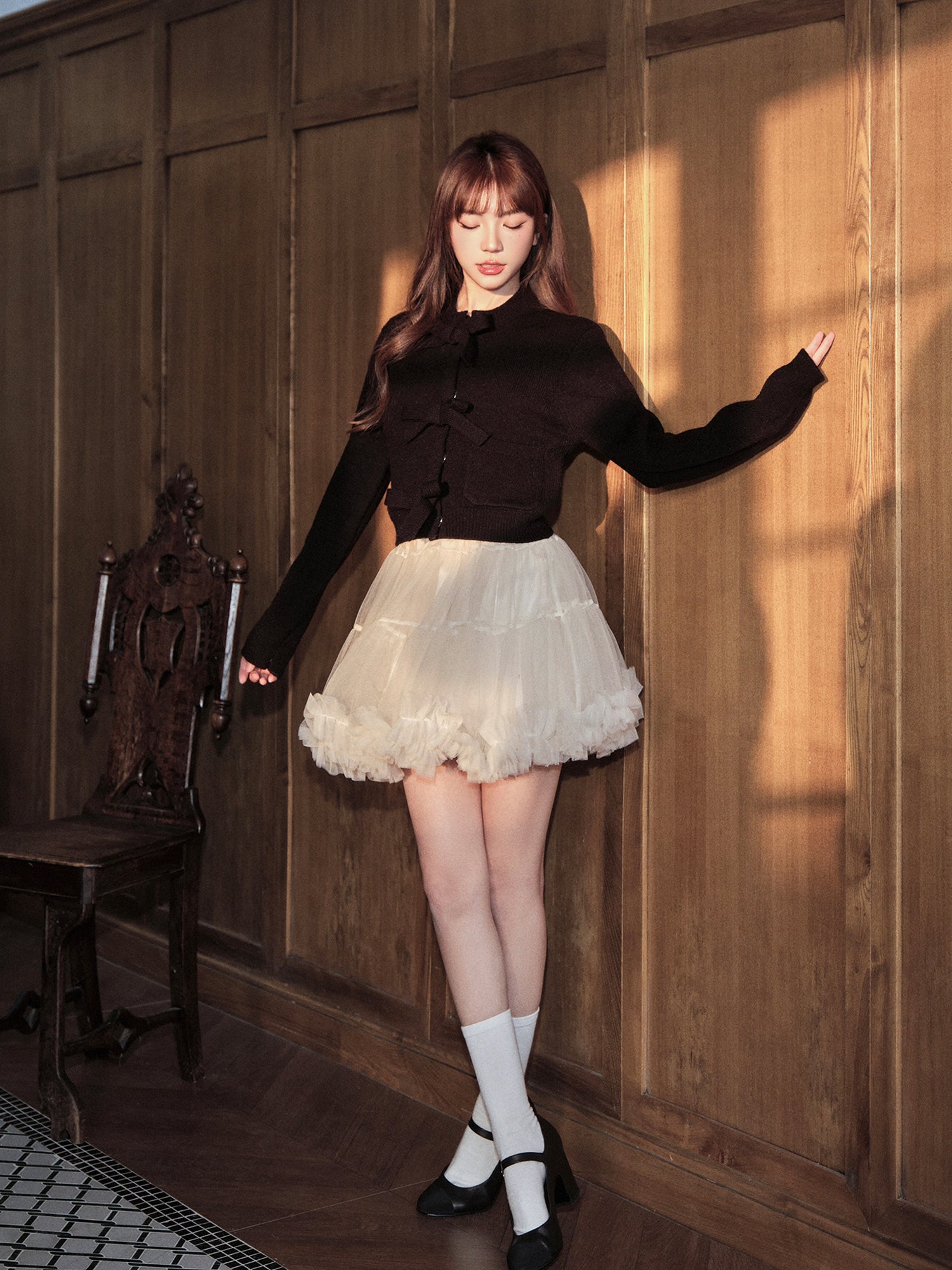 Avenement warm high quality Korean style long sleeve bow tie cardigan for women