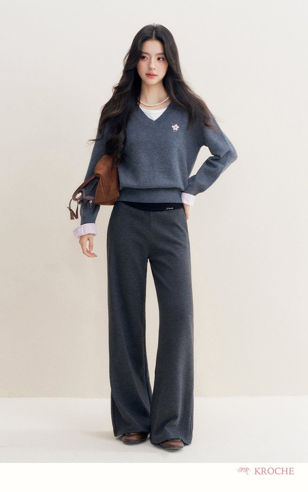 kroche 25AW two piece grey wool blend patchwork v neck sweater with bow