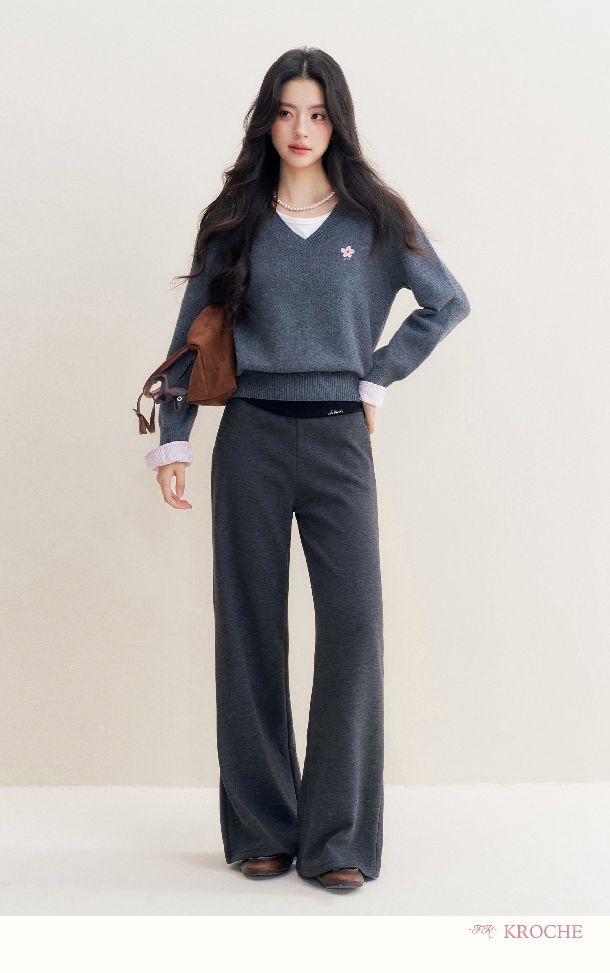 kroche 25AW two piece grey wool blend patchwork v neck sweater with bow