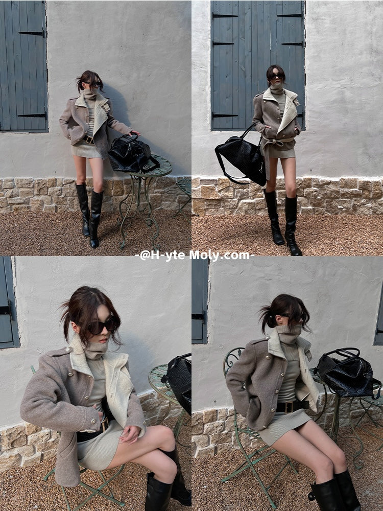 Hytemoly wool blend double-sided contrast wool coat classic loose fit, loose and airy short woolen tweed coat
