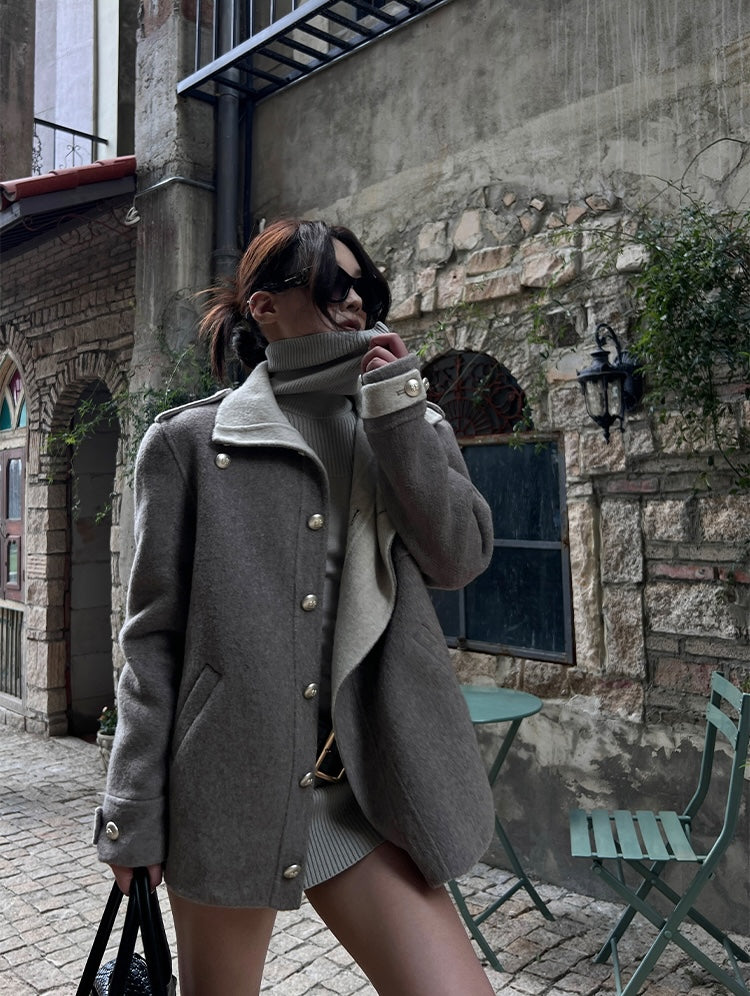 Hytemoly wool blend double-sided contrast wool coat classic loose fit, loose and airy short woolen tweed coat